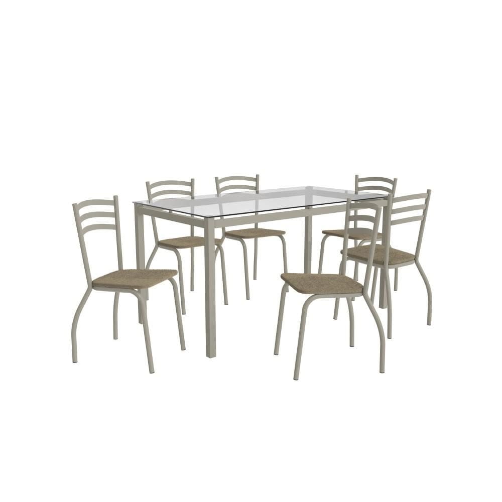 Conjunto Sala de Jantar 6 Cadeiras Mesa Tampo de Vidro Kappesberg Crome Níquel/Bouclé Fendi