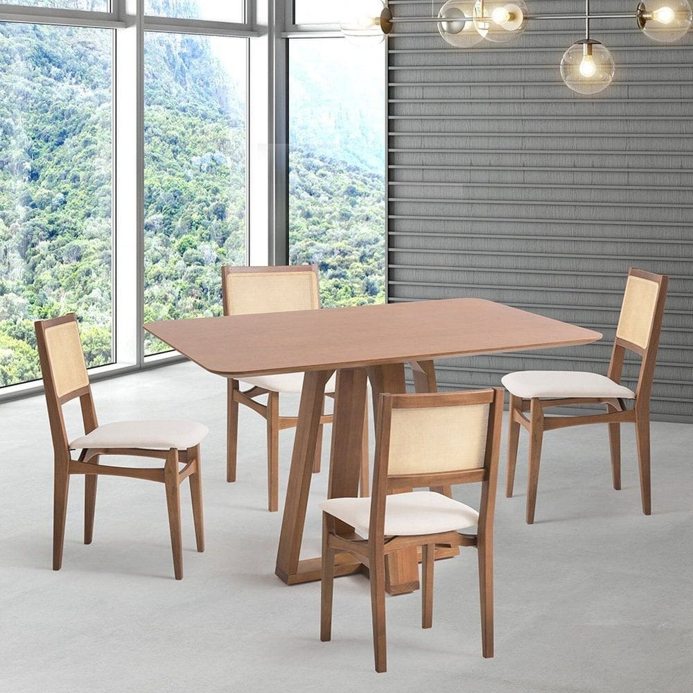 Conjunto Mesa com 4 Cadeiras Madeira Maciça Tampo Laminado Nogueira/Natural