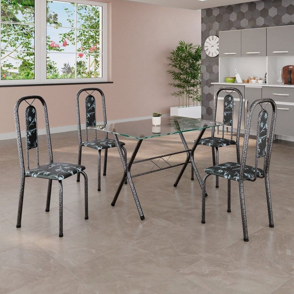 Conjunto de Mesa Tubular 100x60cm Tampo de Vidro com 4 Cadeiras Lívia Preto Floral/ Mart Prata