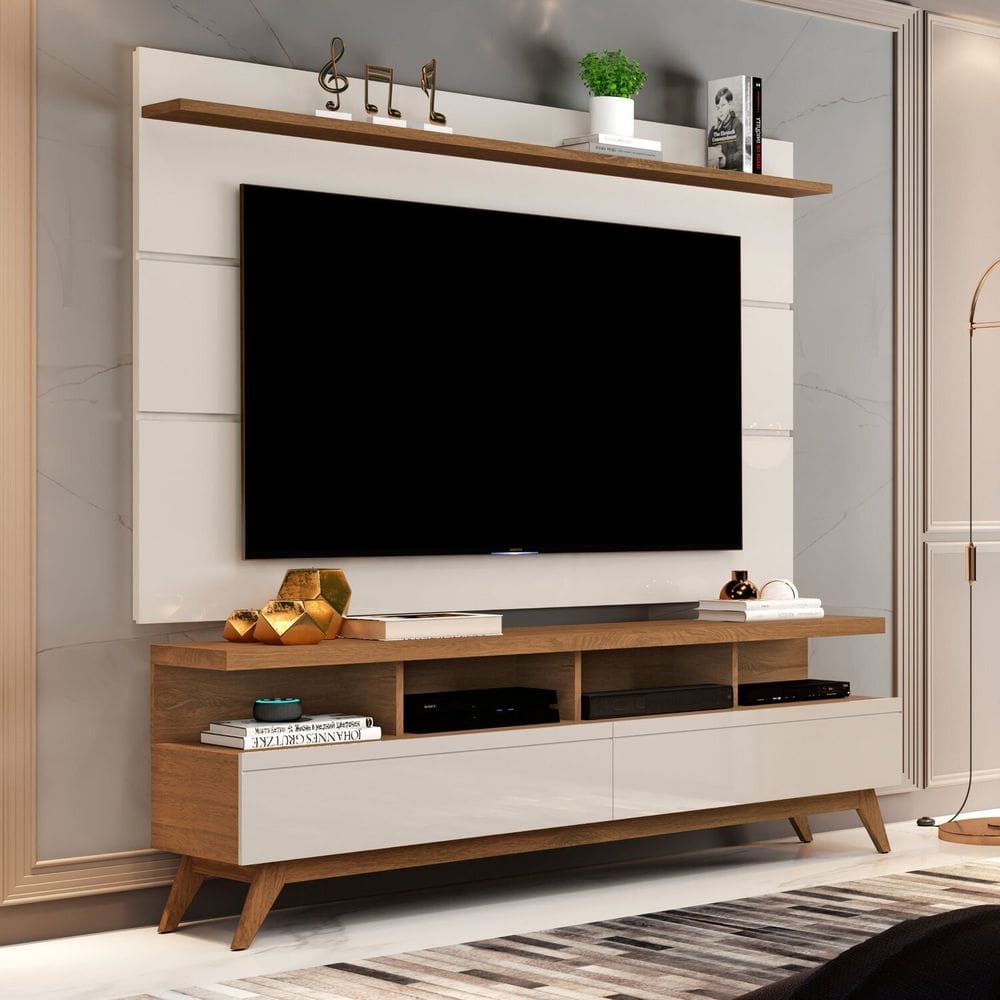 Rack com Painel para Tv até 60 Polegadas Pés em Madeira Maciça Freijó/Off White