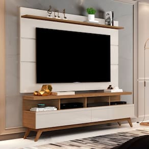 Rack com Painel para Tv até 60 Polegadas Pés em Madeira Maciça Freijó/Off White