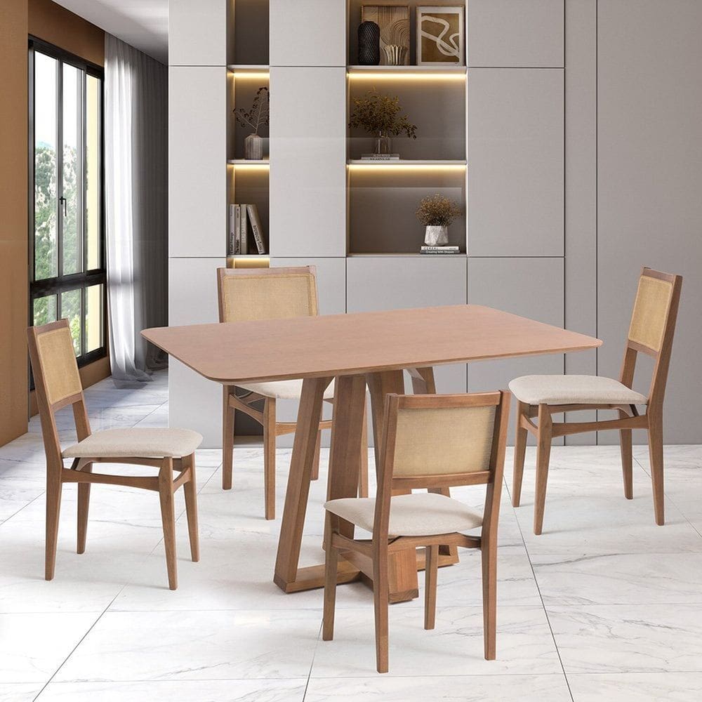 Conjunto Mesa com 4 Cadeiras Madeira Maciça Tampo Laminado Sala de Jantar Serena Nogueira