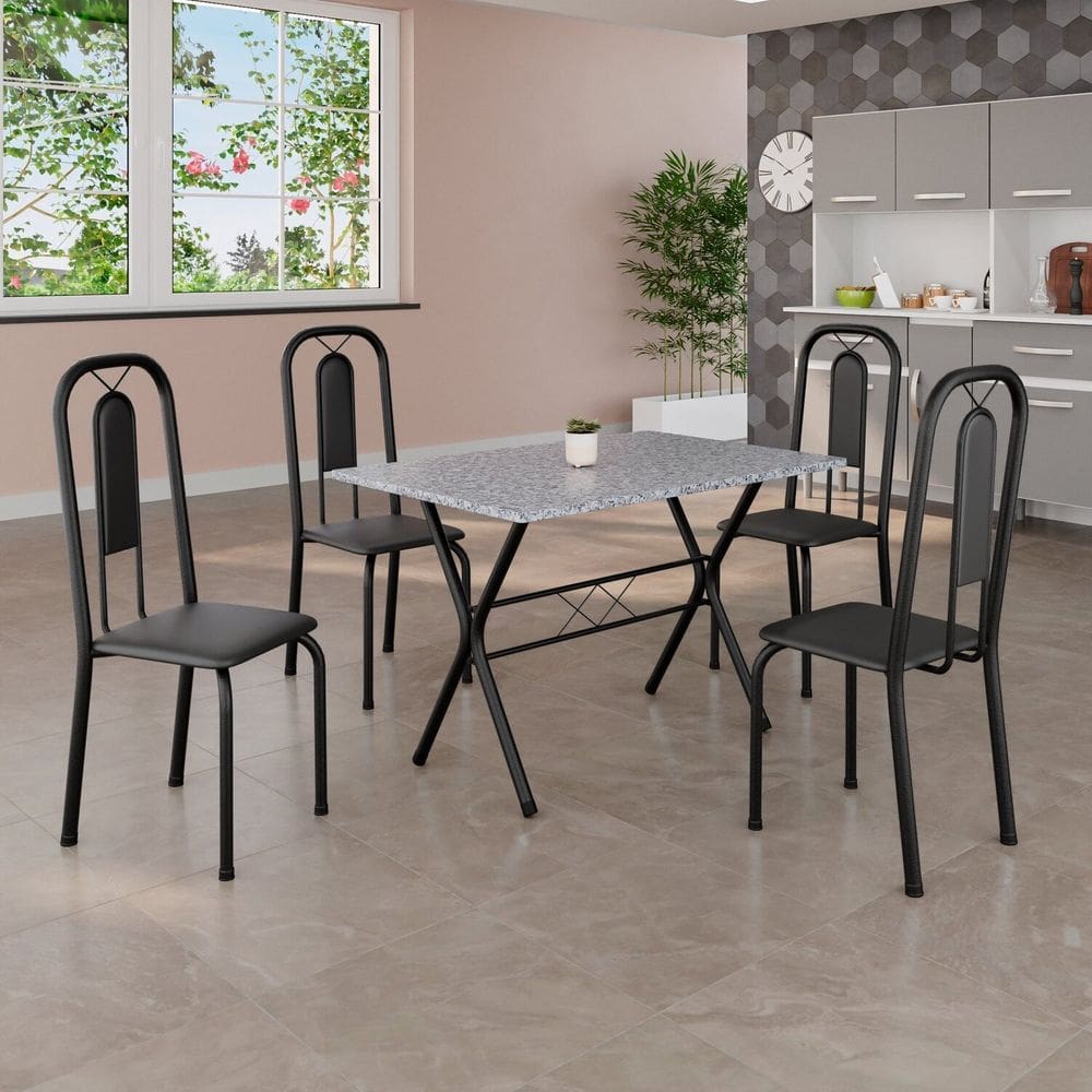 Conjunto de Mesa Tubular 100x60cm Tampo em Granito Ocre com 4 Cadeiras Lívia Preto