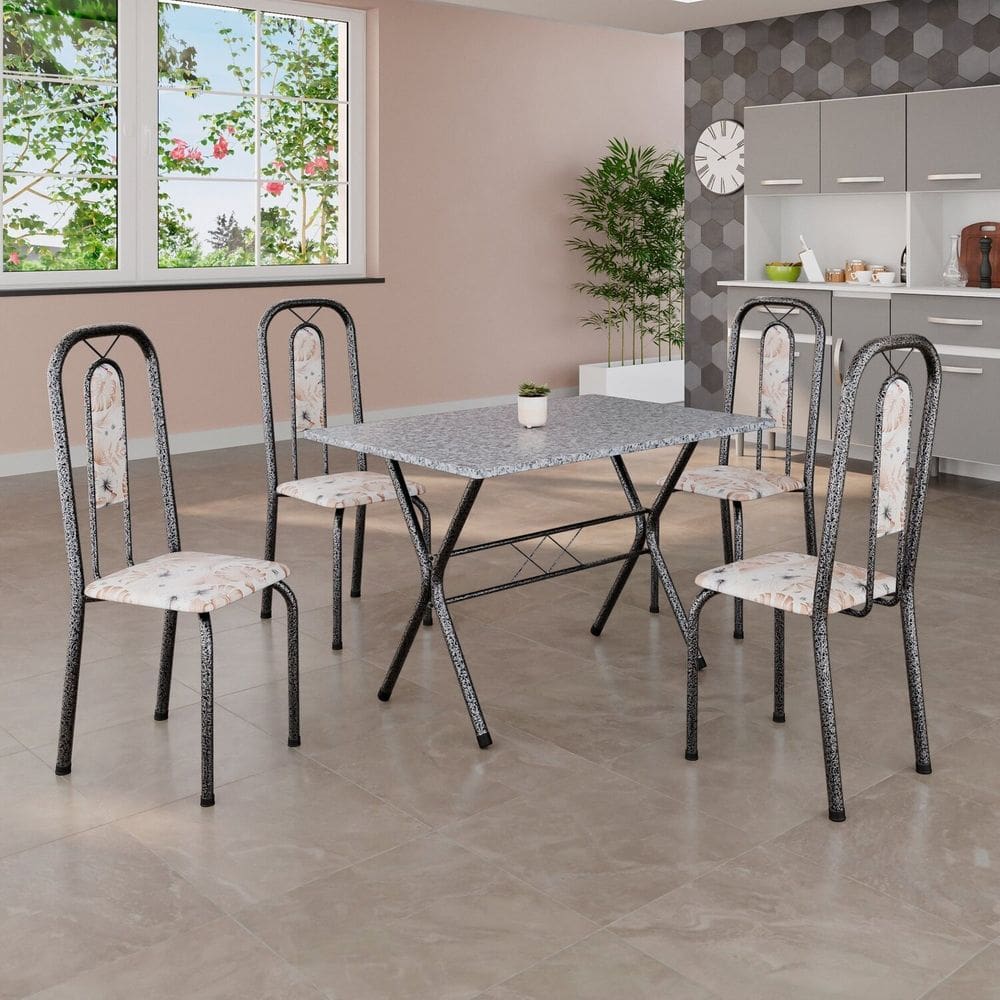 Conjunto de Mesa Tubular 100x60cm Tampo em Granito Ocre com 4 Cadeiras Lívia Botanic Bege / Mart Prata