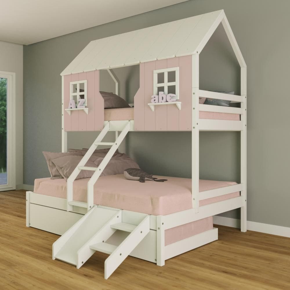 Treliche Casal/ Solteiro Casinha Encantada com Kit Escada/ Escorregador Madeira Maciça Rosa/ Branco Housin