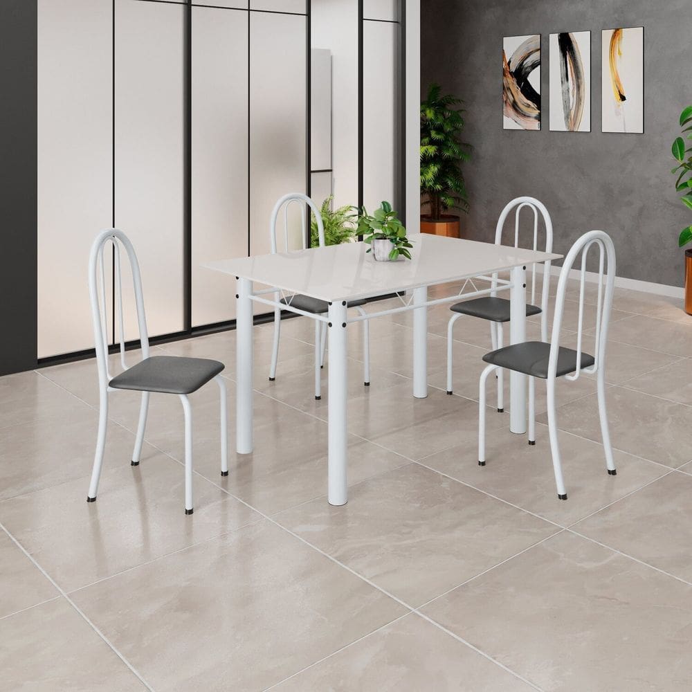 Conjunto de Mesa Tubular 120cm X 75cm Tampo em Vidro com 4 Cadeiras Iris B Preto/Branco