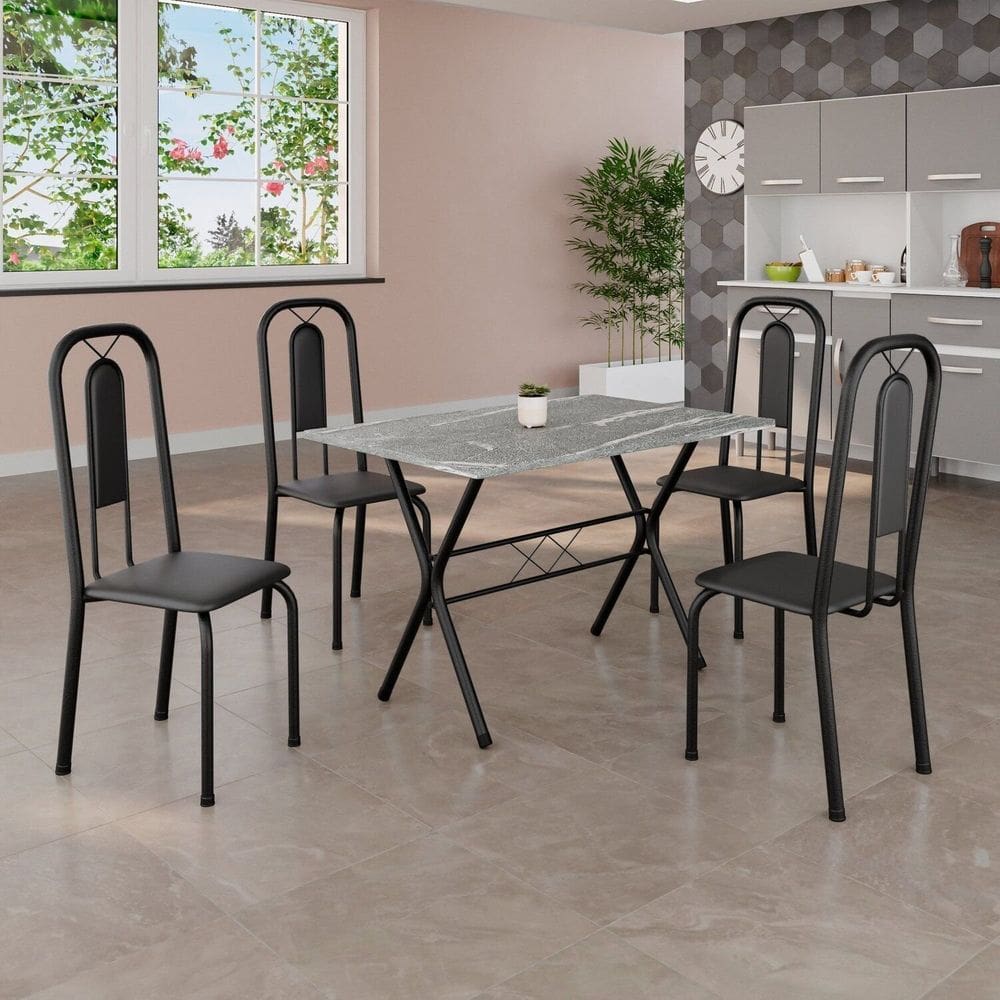Conjunto de Mesa Tubular 100x60cm Tampo em Granito Topázio com 4 Cadeiras Lívia Preto