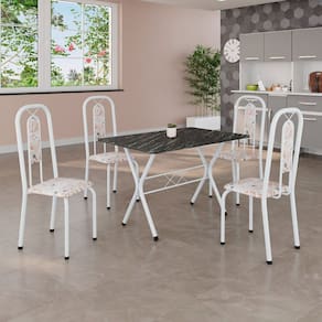 Conjunto de Mesa Tubular 100x60cm Tampo em Ardósia com 4 Cadeiras Lívia Botanic Bege / Branco