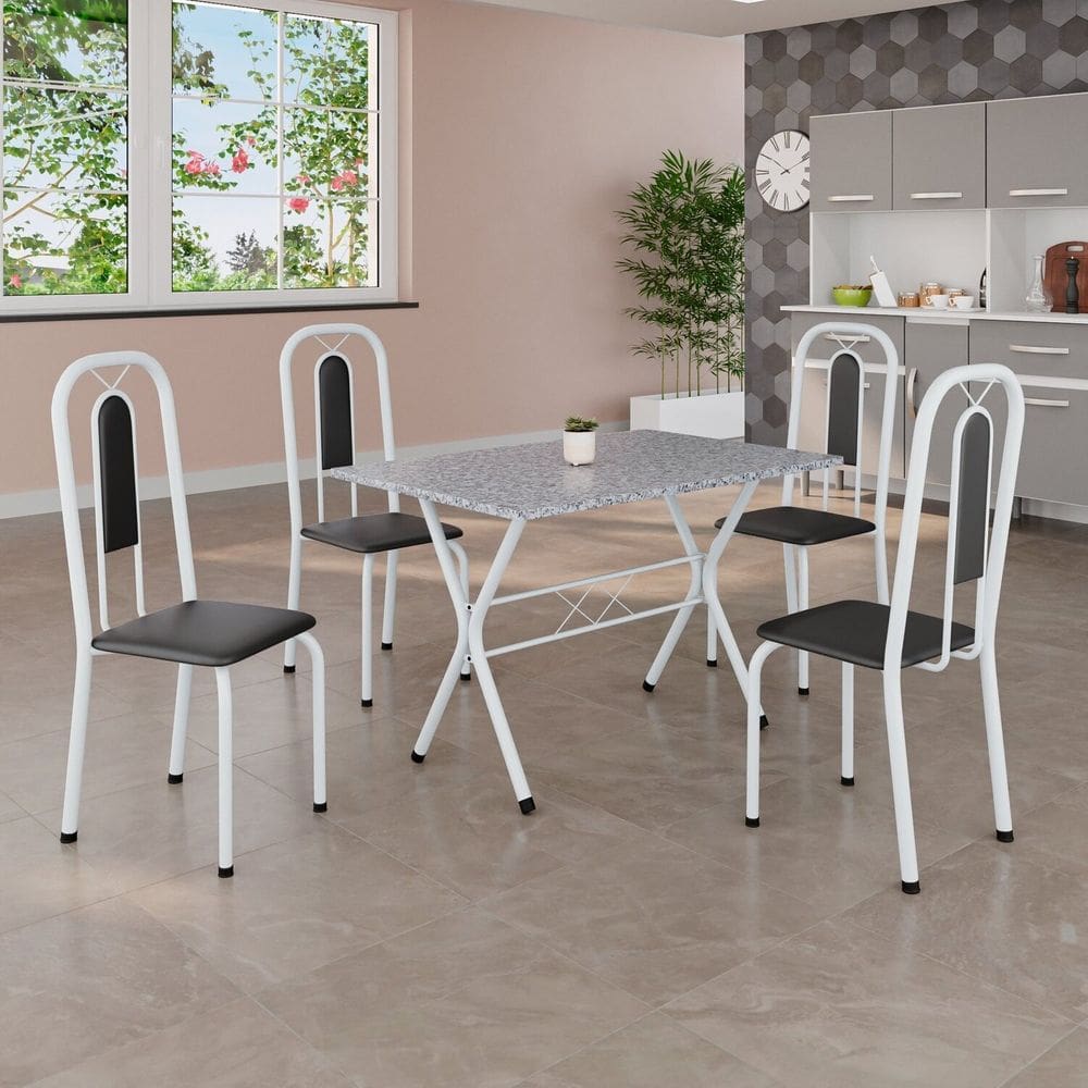 Conjunto de Mesa Tubular 100x60cm Tampo em Granito Ocre com 4 Cadeiras Lívia Preto