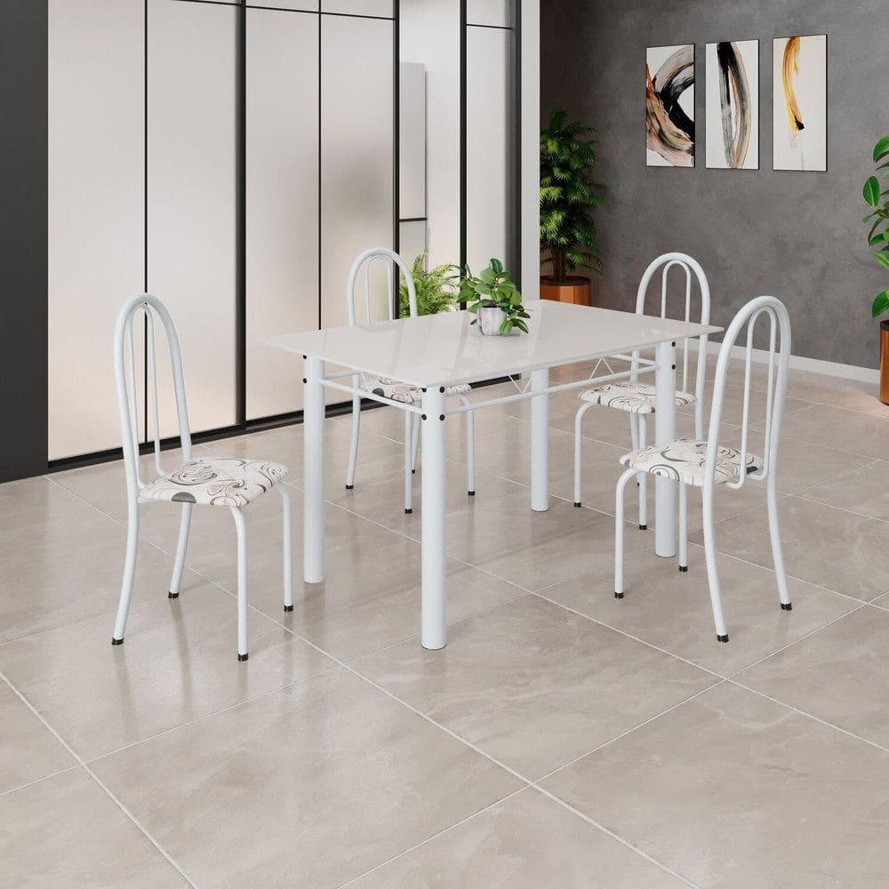 Conjunto de Mesa Tubular 120cm X 75cm Tampo em Vidro com 4 Cadeiras Iris B Off white/Branco