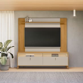 Rack com Painel para Tv 55 Polegadas com Led Pés em Madeira Maciça TAUARI/OFF WHITE FOSCO