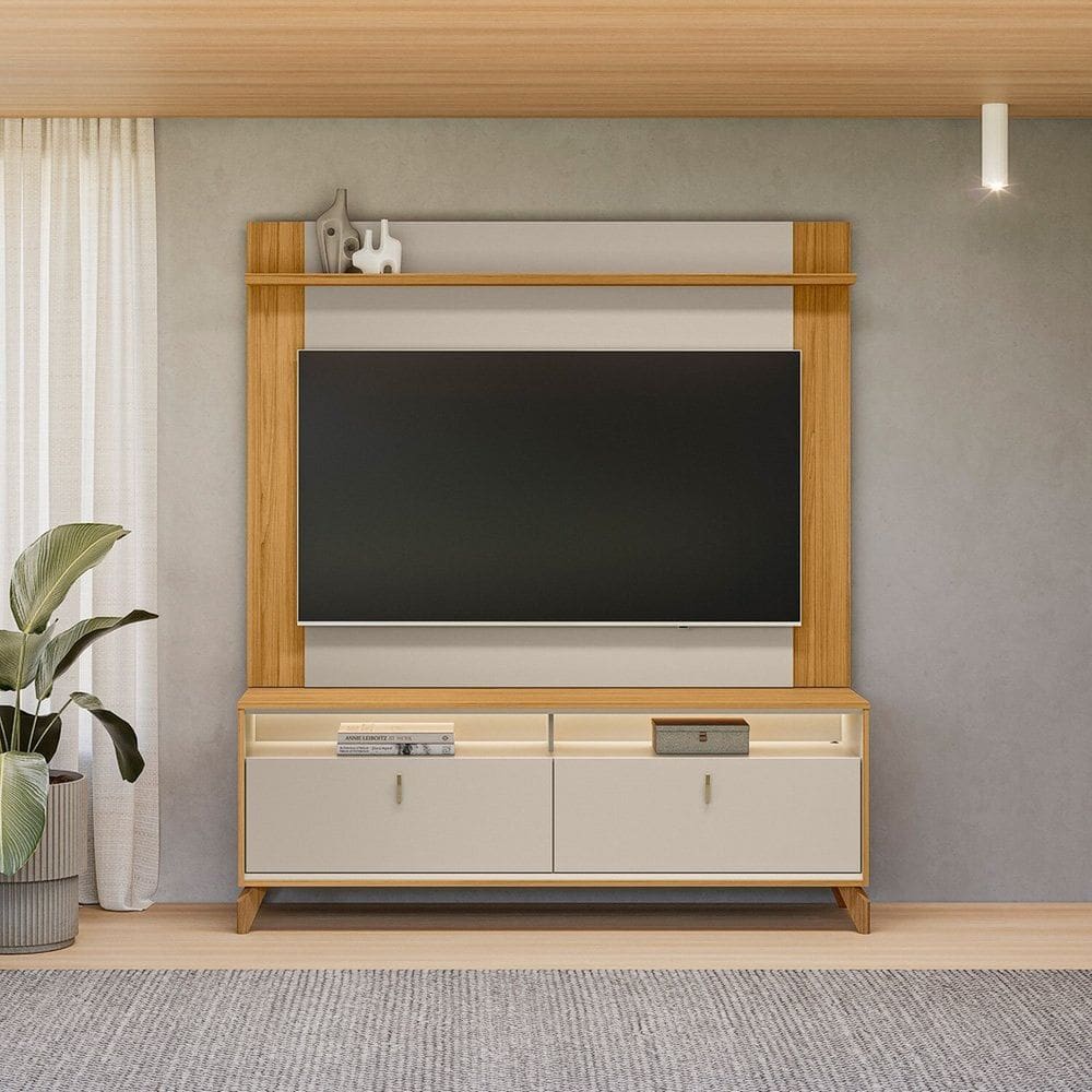 Rack com Led Pés em Madeira Maciça e Painel Tulum para Tv de até 55 Polegadas Dubai TAUARI/OFF WHITE FOSCO