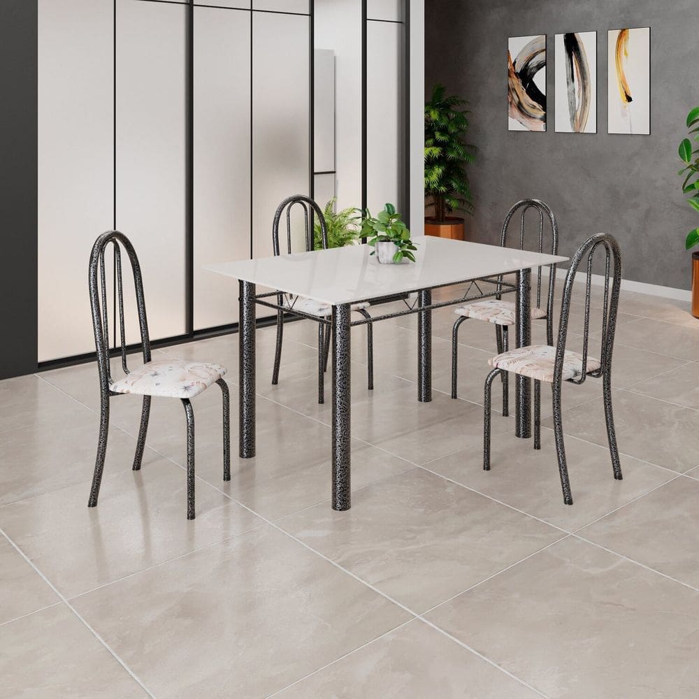Conjunto de Mesa Tubular 120cm X 75cm Tampo em Vidro com 4 Cadeiras Iris B Bege/Prata