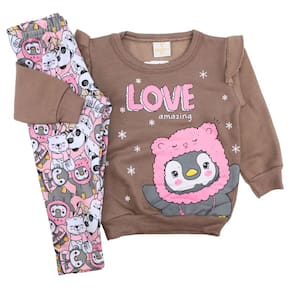 Conjunto Bebê Menina Blusa e Legging Peluciada Pinguim Frio