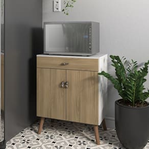 Balcão para Micro Ondas Cozinha com Portas e Gaveta Pés Palito Branco / Feijó