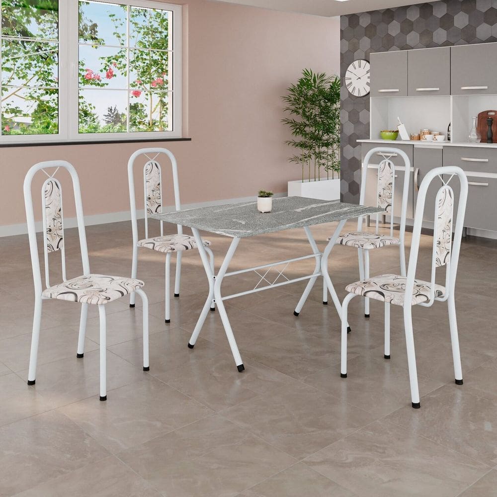 Conjunto de Mesa Tampo em Granito com 4 Cadeiras Lívia Branco