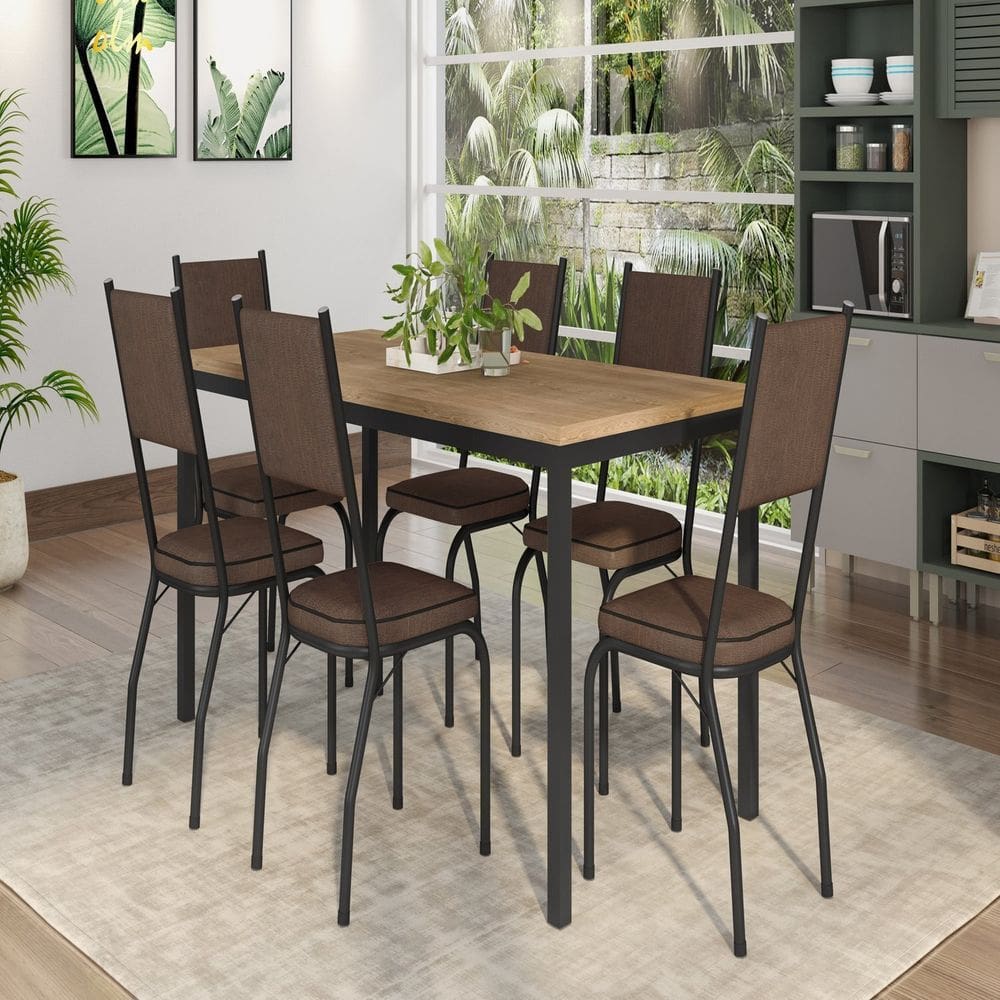 Conjunto 1 Mesa 78x80x170 Cm com 6 Cadeiras Preto/Madeira Imbuia/Demolição