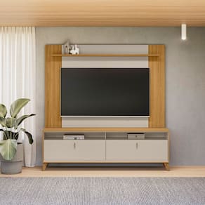 Rack com Painel para Tv 55 Polegadas Pés em Madeira Maciça TAUARI/OFF WHITE FOSCO