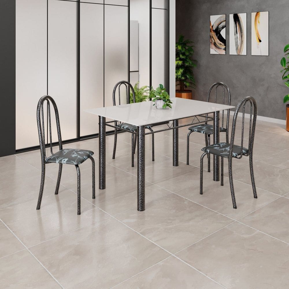 Conjunto de Mesa Tubular 120cm X 75cm Tampo em Vidro com 4 Cadeiras Iris B Preto/Prata