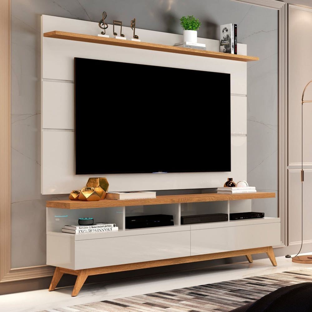 Rack com Painel para Tv até 60 Polegadas Pés em Madeira Maciça Off White/Marrom