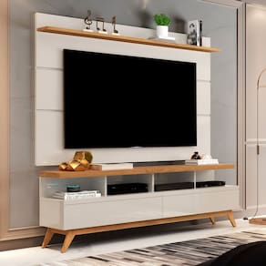 Rack com Painel para Tv até 60 Polegadas Pés em Madeira Maciça Off White/Marrom