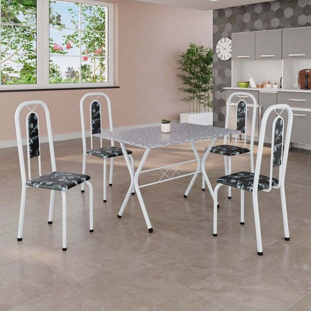 Conjunto de Mesa Tubular 100x60cm Tampo em Granito Ocre com 4 Cadeiras Lívia Preto/ Branco