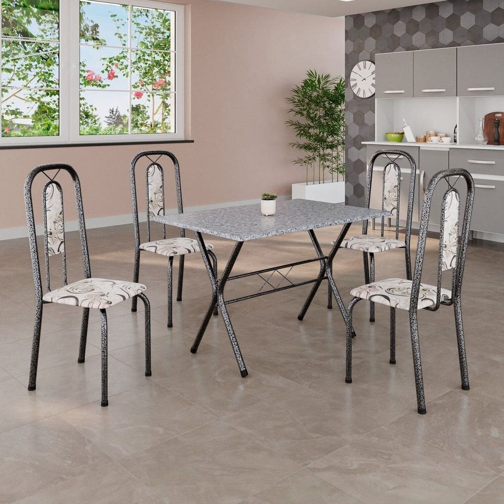 Conjunto de Mesa Tubular 100x60cm Tampo em Granito Ocre com 4 Cadeiras Lívia Arabesco/ Mart Prata