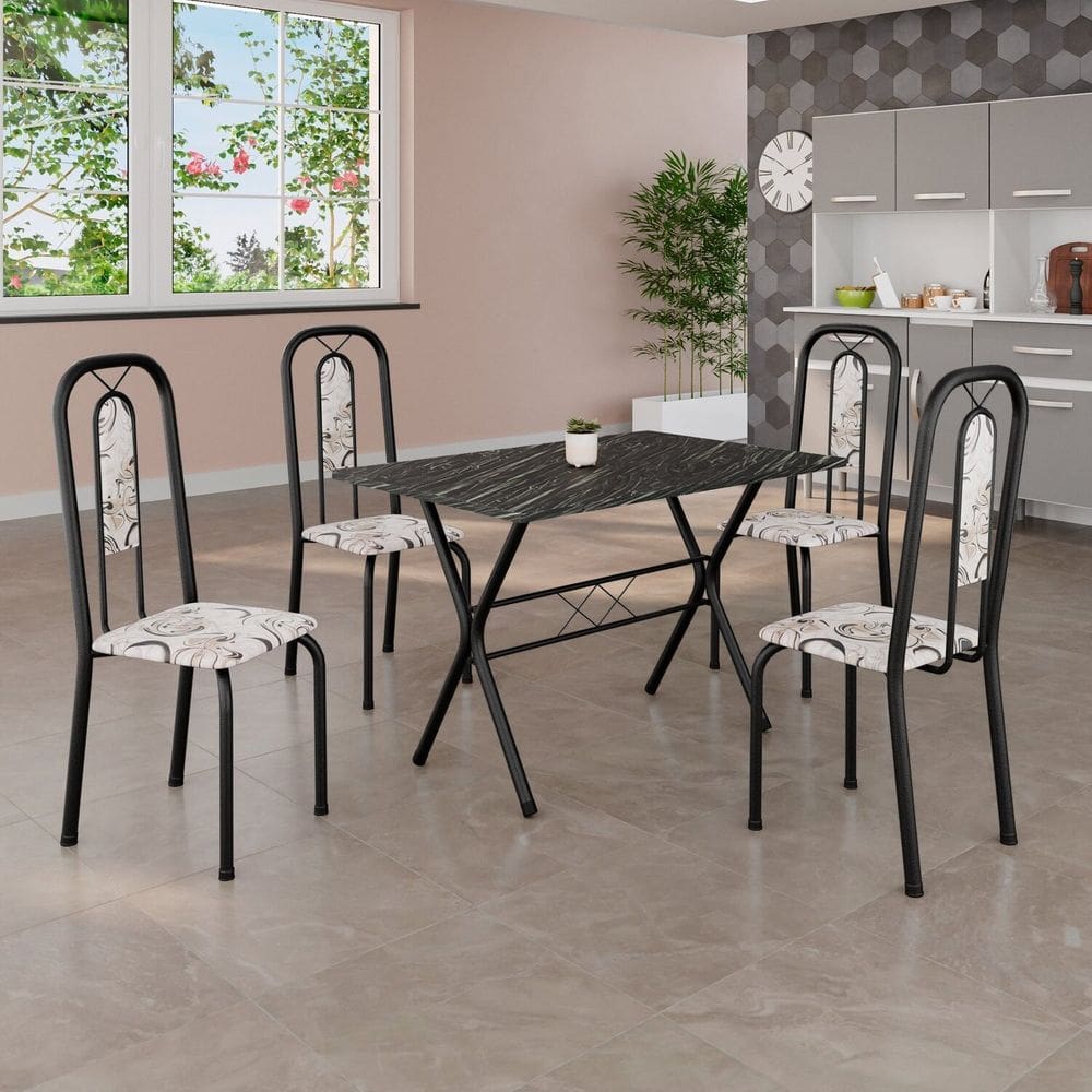 Conjunto de Mesa Tubular 100cm X 60cm Tampo em Ardósia com 4 Cadeiras Lívia Off White/Preto