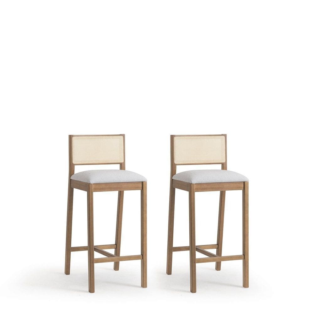 Conjunto 2 Banquetas Madeira Maciça Encosto em Tela Natural e Assento Estofado Serena Nogueira/Natural
