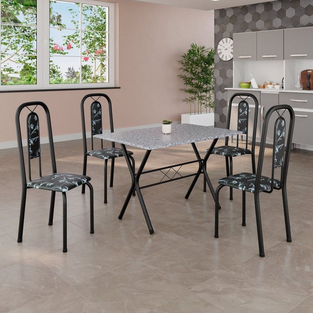 Conjunto de Mesa Tubular 100x60cm Tampo em Granito Ocre com 4 Cadeiras Lívia Preto