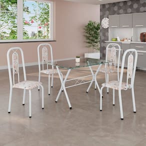 Conjunto de Mesa Tubular 100x60cm Tampo de Vidro com 4 Cadeiras Lívia Botanic Bege / Branco