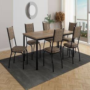Conjunto com 1 Mesa 180cm e 6 Cadeiras Preto/Rattan/ Demolição