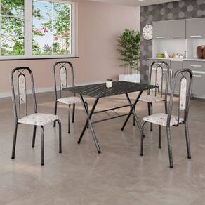Conjunto de Mesa Tubular 100x60cm Tampo em Ardósia com 4 Cadeiras Lívia Botanic Bege / Mart Prata