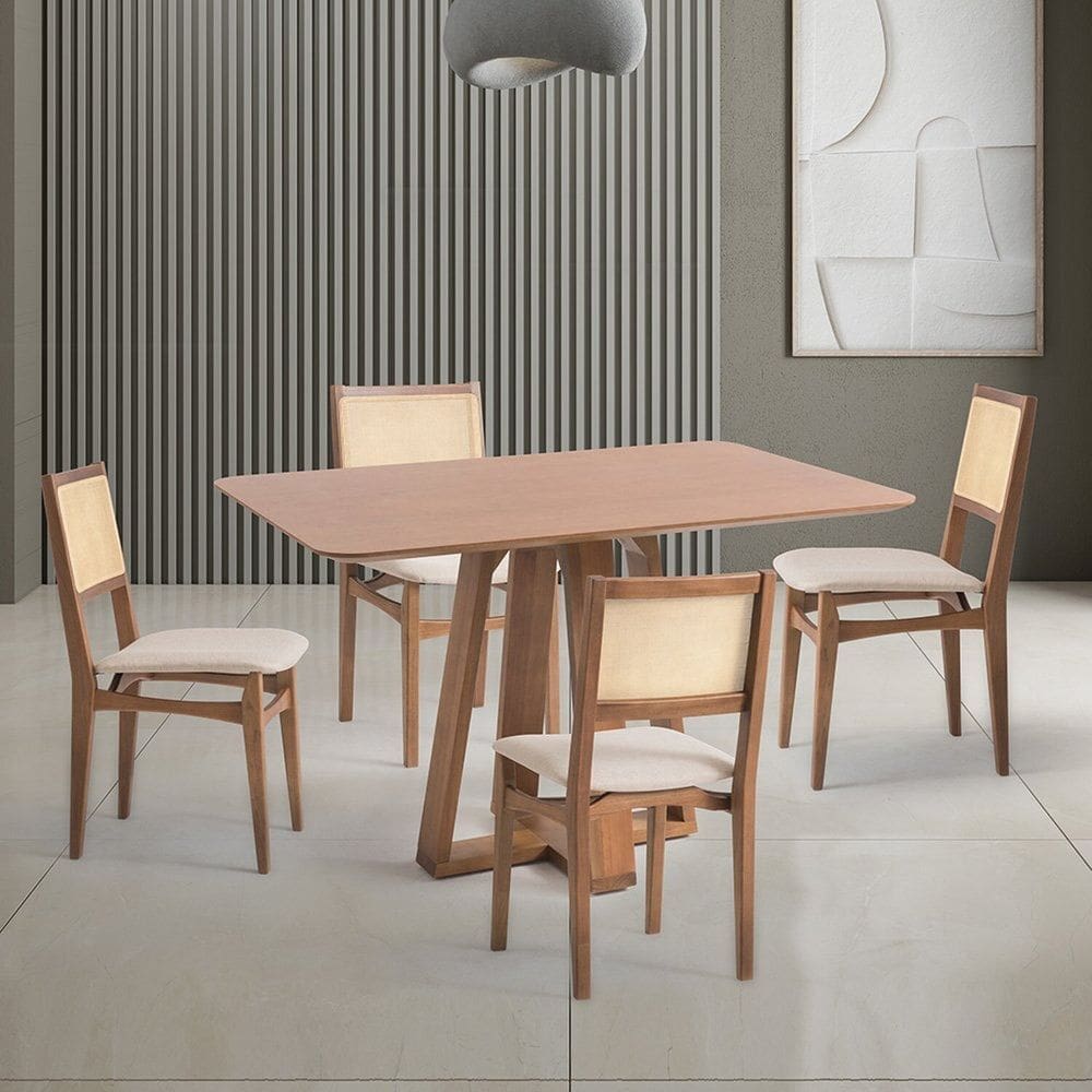 Conjunto Mesa com 4 Cadeiras Madeira Maciça Tampo Laminado Nogueira/Natural