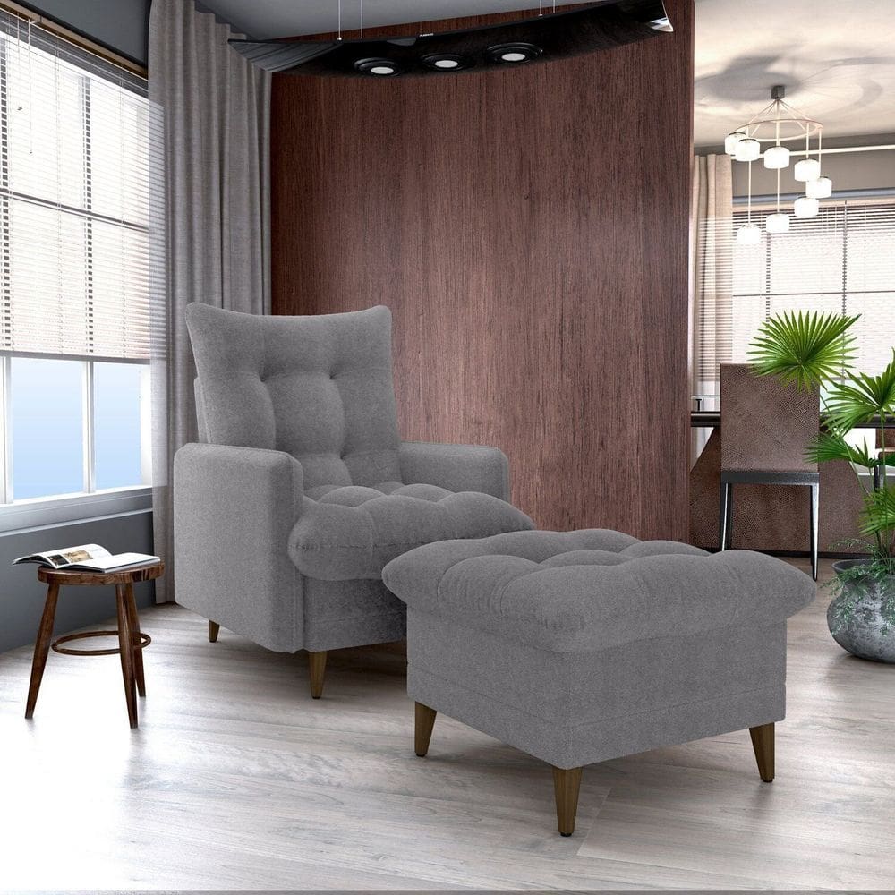 Poltrona com Puff para Sala de Estar Moderno Cinza