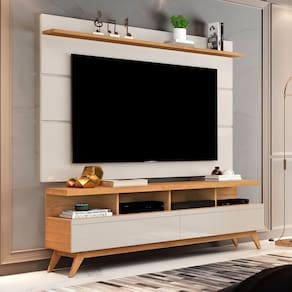 Rack com Painel para Tv 60 Polegadas Pés em Madeira Maciça Marrom/Off White