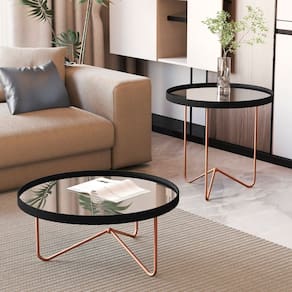 Mesa de Centro com Borda em Couro Sintético com Espelho e Pés em Ferro Preto/Bronze