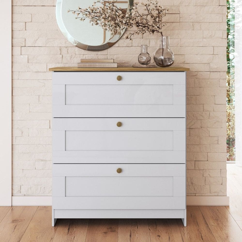 Cômoda Dormitório 3 Gaveta Americano Branco Gelo/Ipê