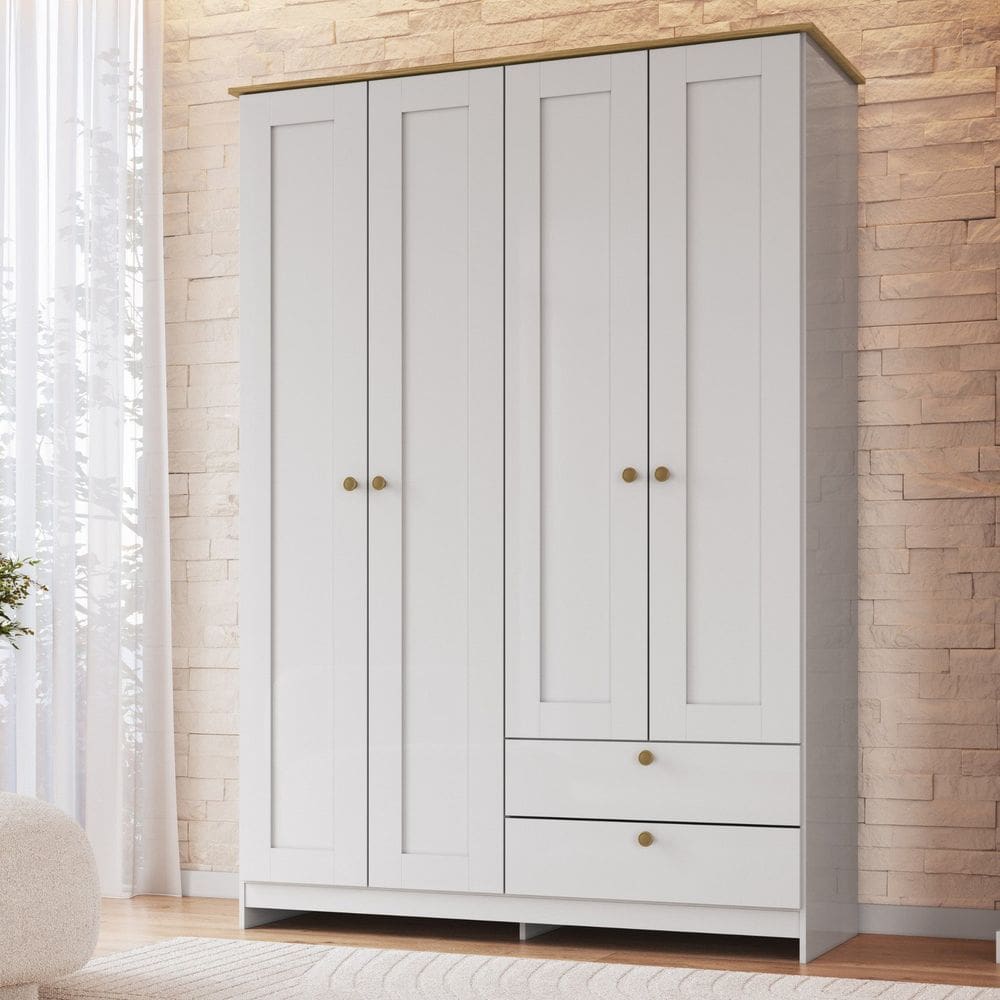 Guarda-roupa 4 Portas e 2 Gavetas Americano Branco Gelo/Ipê