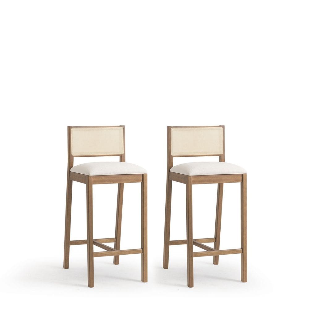 Conjunto 2 Banquetas Madeira Maciça Encosto em Tela Natural e Assento Estofado Serena Nogueira/Natural