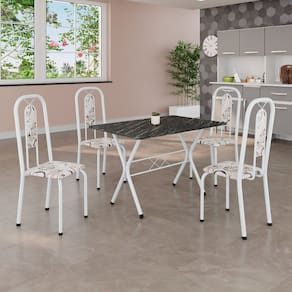 Conjunto de Mesa Tubular 100x60cm Tampo em Ardósia com 4 Cadeiras Lívia Arabesco/ Branco