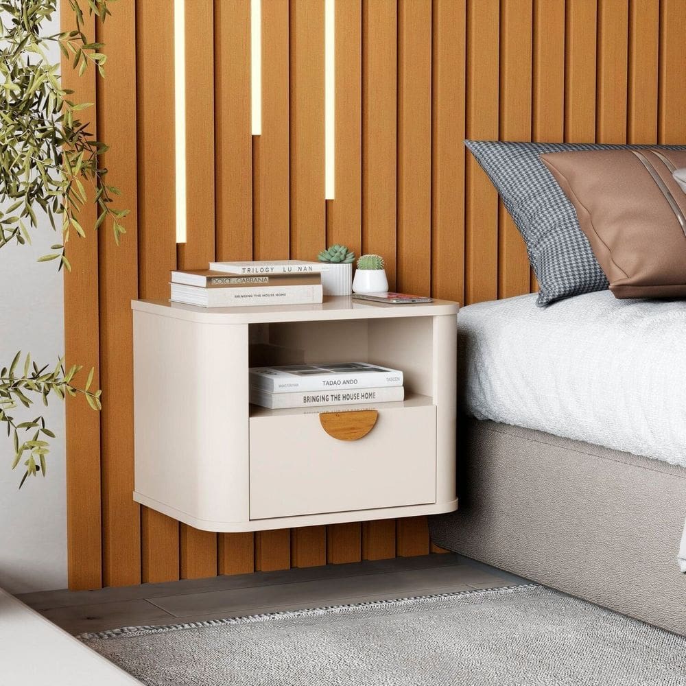 Mesa de Cabeceira Suspensa Buriti Curva com Puxador em Madeira Maciça OFFWHITE