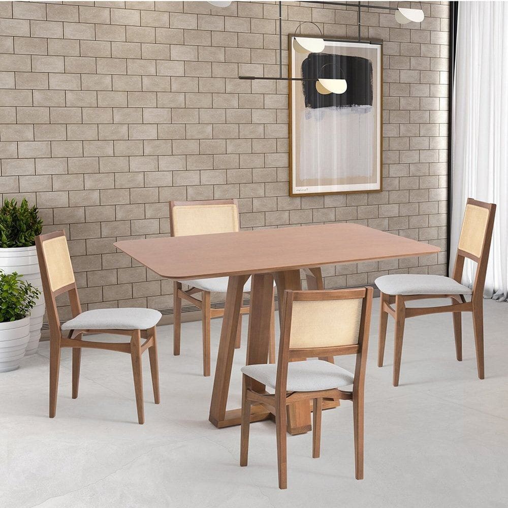 Conjunto Mesa com 4 Cadeiras Madeira Maciça Tampo Laminado Nogueira/Natural