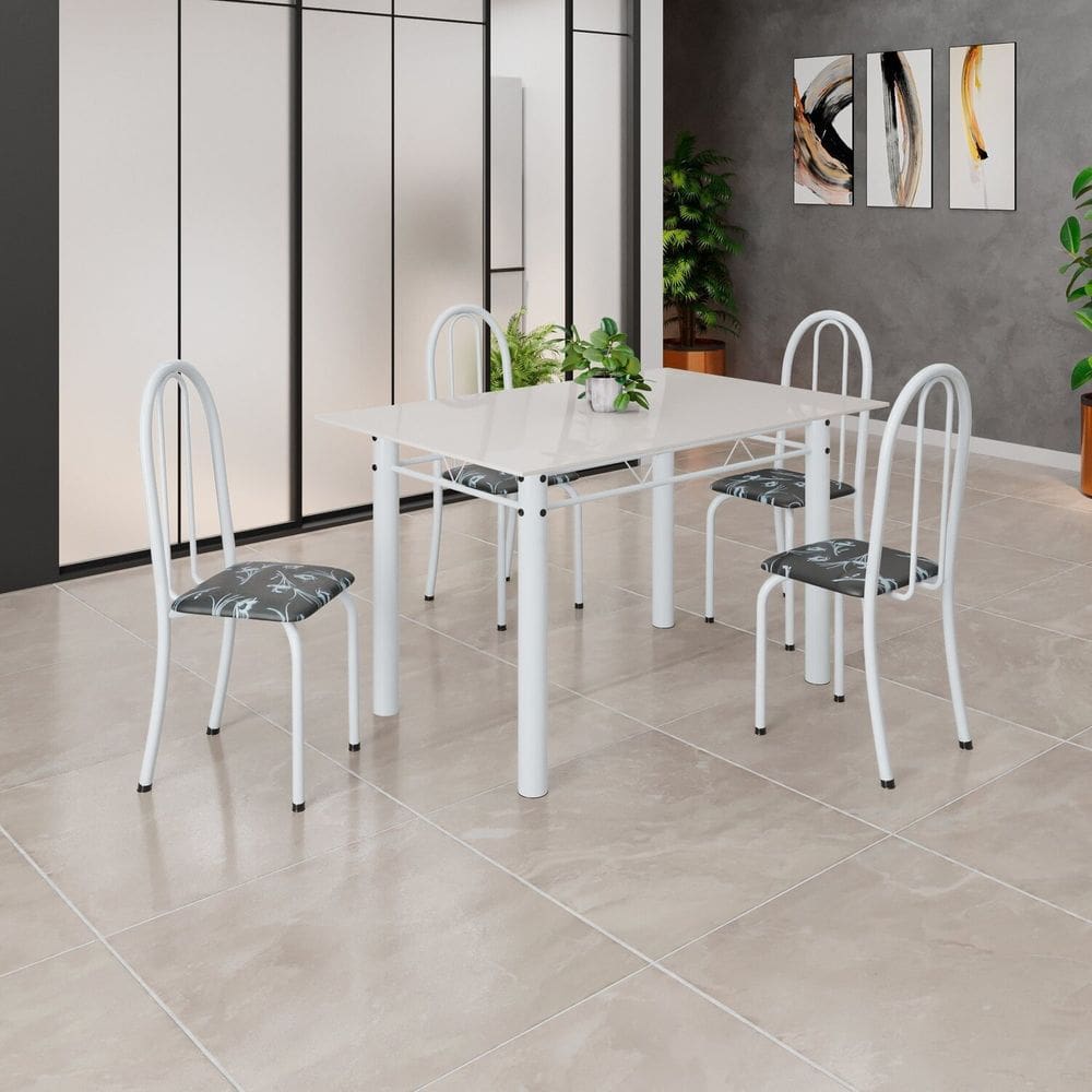 Conjunto de Mesa Tubular 120cm X 75cm Tampo em Vidro com 4 Cadeiras Iris B Preto/ Branco