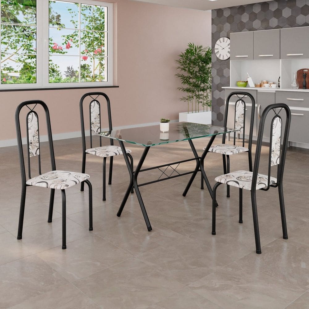 Conjunto de Mesa Tubular 100x60cm Tampo de Vidro com 4 Cadeiras Lívia Arabesco / Preto TXT