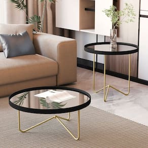 Mesa de Centro com Borda em Couro Sintético com Espelho e Pés em Ferro Preto/Dourado