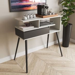 Aparador Buffet com Porta e Nichos para Sala Pés Palito Retro Branco/Preto
