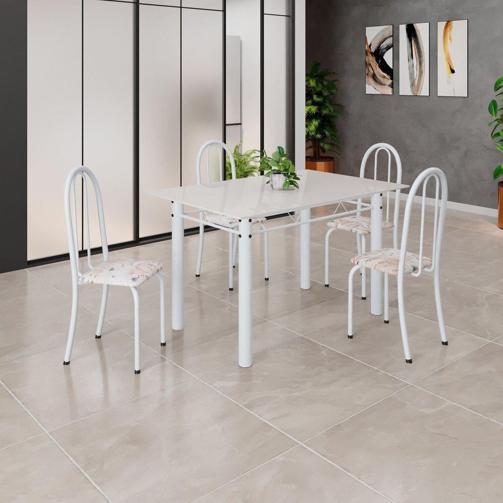 Conjunto de Mesa Tubular 120cm X 75cm Tampo em Vidro com 4 Cadeiras Iris B Bege/Branco