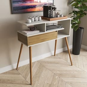 Aparador Buffet com Porta e Nichos para Sala Pés Palito Retro Branco/Freijó