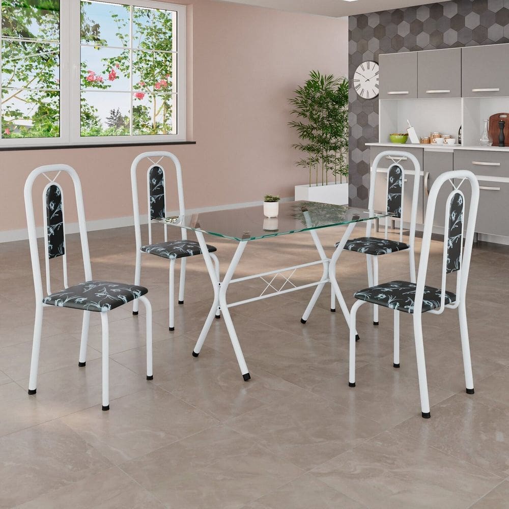 Conjunto de Mesa Tubular 100x60cm Tampo de Vidro com 4 Cadeiras Lívia Preto Floral / Branco
